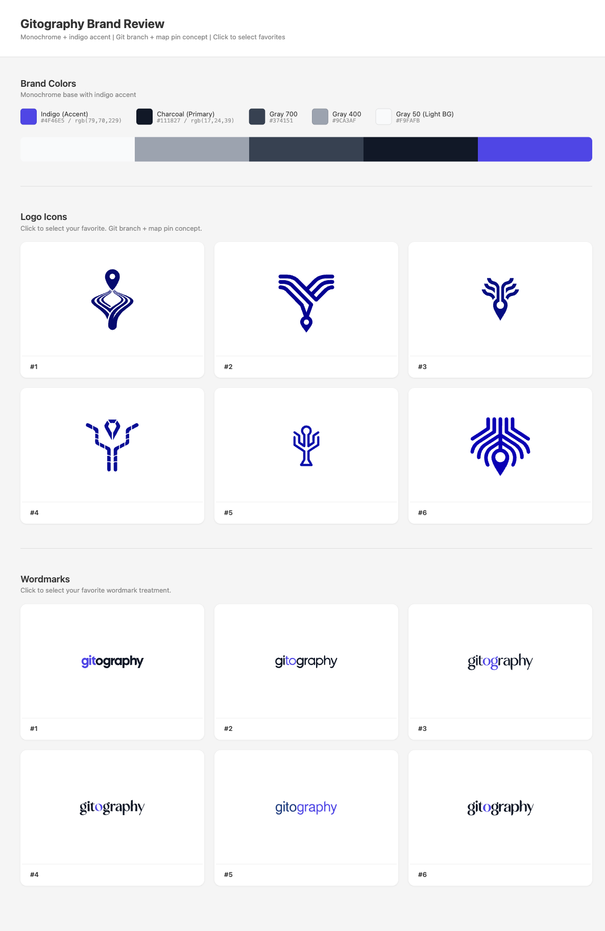 Gitography brand review showing color palette, 6 icon options based on git branch + map pin concept, and 6 wordmark variations
